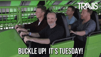 Celebrity gif. Four members of Travis sit in the front of a green rollercoaster, which begins to make its way up the track. Text, "Buckle up! It's Tuesday!"