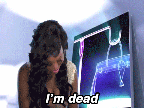 Reality TV gif. Quad from Married to Medicine, looking down and shaking her head, raises her head to say "I'm dead."