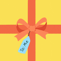 Digital art gif. Animation of a hand pulling and unraveling a red bow with a gift tag that says "to me," revealing blue text that says "My prevention is a gift to me," all against a bright yellow background.