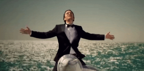 Music video gif. From "I'm on a Boat," Andy Samberg straddles a dolphin on the ocean with his arms spread wide and singing, dressed in a suit and bowtie.