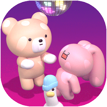 Kawaii gif. Three chibi animals, a stoic teddy bear, a shocked rabbit, and duck with a hat, dance under a disco ball.