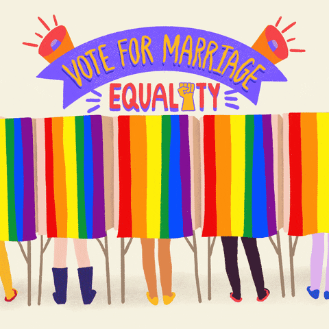 Illustrated gif. People side by side in voting booths with rainbow Pride curtains, orange and purple banner and bullhorns with emphatic action marks above read, "Vote for marriage equality."