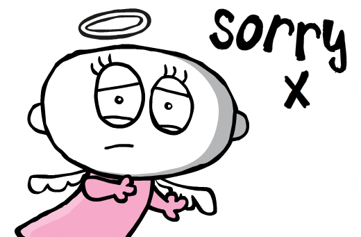 Illustrated gif. An angle covers their mouth and their wings stop fluttering. Text, “I'm Sorry X.”