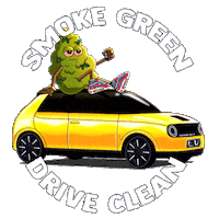 Text gif. Anthropomorphic nug sitting atop a bright yellow electric car smokes a joint, blowing smoke rings in the shape of dollar signs, surrounded by the message "Smoke green, drive clean."