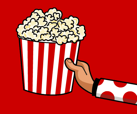 Illustrated gif. Hand holds a red-and-white striped bag of popcorn, slowly bobbing up and down in front of a red background.