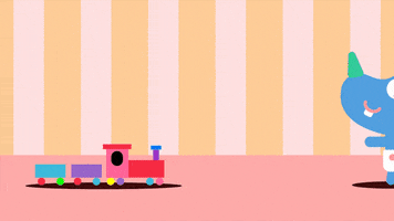Cartoon gif. Tag, a baby blue rhino from Hey Duggee, waddles onto the screen as he attempts to get to his toy train set.
