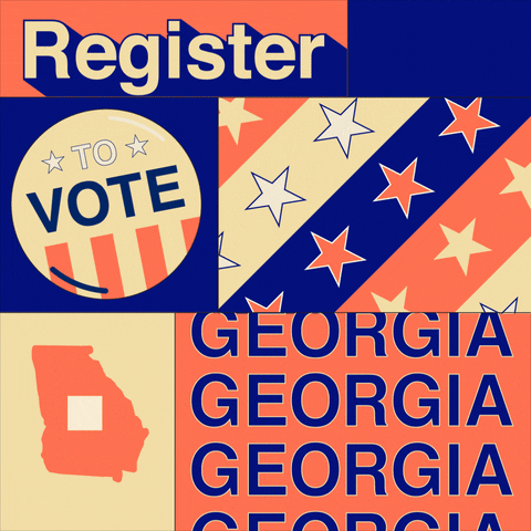 Digital art gif. Collage of peach, blue, and white boxes features the shape of Georgia with a box being checked, several colorful stripes filled with stars, and a “Vote” button that dances back and forth. Text, “Register to vote Georgia.”