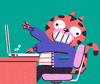 Digital art gif. A tiger has their arms outstretched and is banging at their keyboard, fake-working hard. They stare wide-eyed at us and endlessly hits their keyboard, over it.