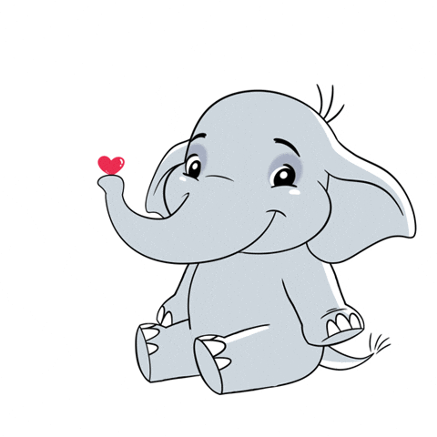 Digital art gif. Small gray elephant sits on the floor and squeezes its eyes shut as it blow a red heart bigger and bigger on the tip of its trunk. The herat floats up and pops. 