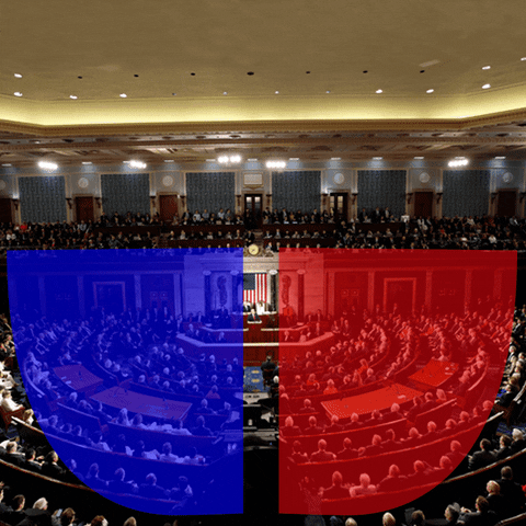 Political gif. Overhead photo of the State of the Union address, the left semi-circle blocked-out in blue, with the words "Jobs, infrastructure, healthcare, climate," and the right semi-circle blocked-out in red, with the words "M&Ms, attacks on AP Black history, banning abortion, end social security."