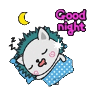 Sticker gif. Friendly cartoon lamb with rosy cheeks waves, holding a pillow and falling asleep. Text, 'Good night.'