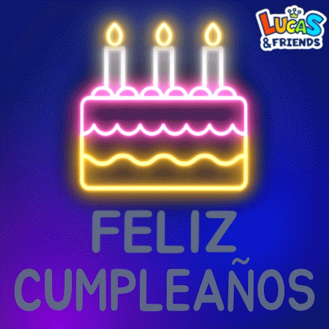 Digital art gif. Neon sign of a birthday cake with three candles, above a flashing neon message. Text, “Feliz cumpleanos.”