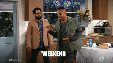 TV gif. Marlon Wayans on Marlon does a salsa dance, wiggling his hips. He bites his lip as he concentrates on his dance moves. Diallo Riddle as Stevie watches,  a bit annoyed by his excitement. Text, “weekend dance.”
