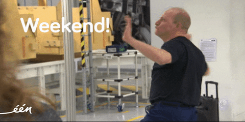 Video gif. A man wearing a tucked in shirt and shorts has his palms up and hip thrusts rapidly. Text, "Weekend!"