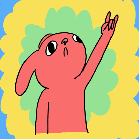 Cartoon gif. A pink, headbanging rabbit, throwing up "metal horns" in front of a colorfully flashing background.