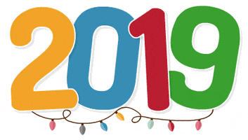 Text gif. The number, "2019" sits in yellow, blue, red, and green with string lights underneath.