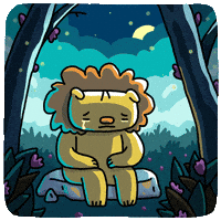 Digital art gif. A lion sits alone in a forest at night and it's crying. They put their face in their paws as tears drip down and they look forlorn and desolate.