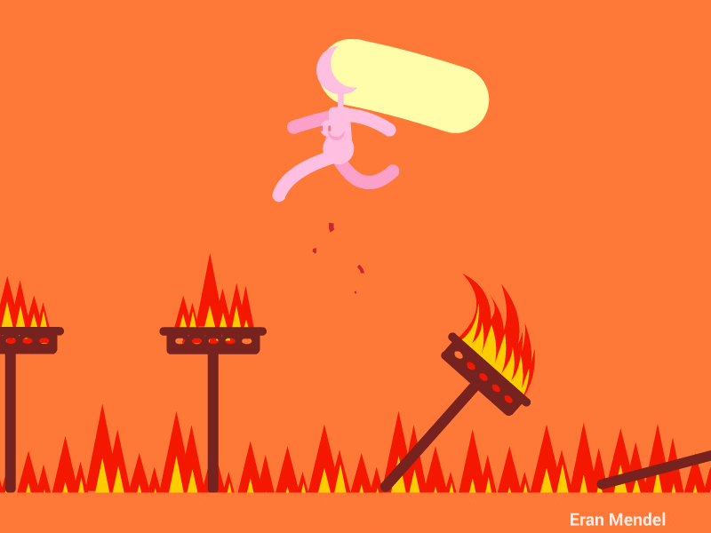 Cartoon gif. A blonde woman in hell hops from one flaming pedestal to another, continuously.