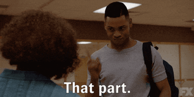 TV gif. Ryan Jamaal Swain as Damon Evangelista on Pose points to someone who has their back turned to us. He says , “That part.” in agreement. 