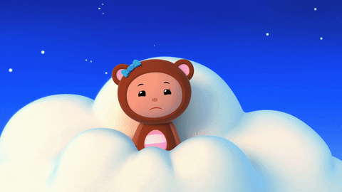 Cartoon gif. Little girl in a bear costume on Mother Goose Club sits in a cloud in the night sky. She looks at us and then yawns, holding her hand up to her mouth as she does.