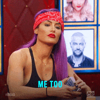 Reality TV gif. In a clip from Big Brother, Natalie Eva Marie wears a red bandanna and prepares to shuffle a deck of cards as she casually tells us: Text, "Me too."