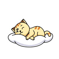 Digital illustration gif. Sleeping tan and orange striped cat on a white cloud-like pillow that floats against a white background, Zs floating out from its mouth, making cute little movements with its tail, paw, and head as if enjoying a pleasant dream. 