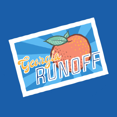Illustrated gif. Vintage postcard of a peach on sunny blue perspective rays, text, "Georgia runoff," it flips to the backside, revealing a handwritten message, "Write for Warnock."