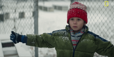 TV gif. Child from the Nat Geo show, the Hot Zone, in an army green puffer jacket and a red beanie wears a deadpan expression as they stand stiffly in the snowy cold and stretch out their arms.