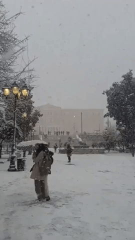 Snowfall Blankets Hellenic Parliament in Athens