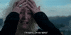 Video gif. A woman is sobbing and clutching her face, her hair completely disheveled. She has tears in her eyes as she says, "I'm sorry, I'm so sorry!"