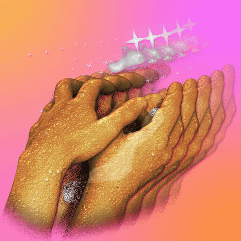 Digital art gif. Against a blended orange and pink background, shimmering hands wash themselves together so rapidly that it creates a trippy effect of many duplicate hands. Puffs of shimmering white soap weave in between them.