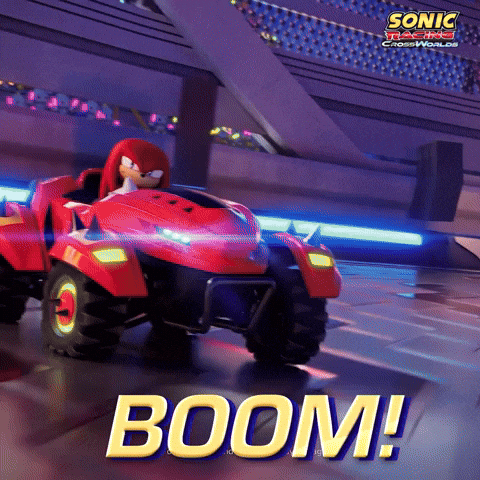 Sponsored gif. Knuckles the red echidna from Sonic the Hedgehog gets blown into the air by a missile while driving his red race car.