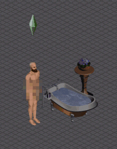 Video game gif. Naked man in the Sims has his privates censored out and he stands in front of a bathtub.