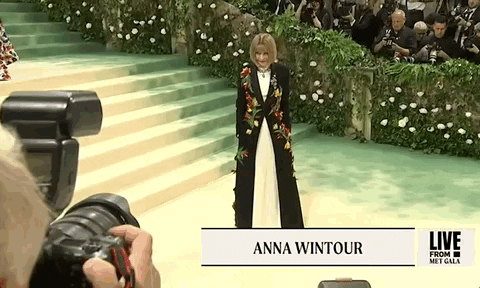 Met Gala 2024 gif. Long zoom in on Anna Wintour posing for the cameras wearing a custom Loewe jacket adorned with colorful oversized flowers and her signature knowing smirk.