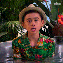 TV gif. Nathan Janak as Nathan in All That wears a hawaiian shirt as he sits in a hot tub. He raises his hands and rolls his eyes as if annoyed. 