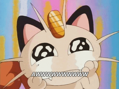 TV gif. Meowth from the Pokemon cartoon pops upwards with paws held to his face. He has just seen something so cute that his eyes grew three times larger and is crying waterfall amounts of tears. He says, “Awwwwwwwwwww”