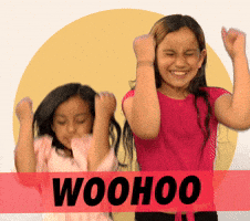 Video gif. Two excited little girls pump their fists victoriously. Text, "Woo Hoo!"