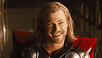 Movie gif. With sparkling eyes, Chris Hemsworth as Thor in The Avengers smiles then winks.