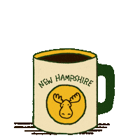 Digital art gif. White and green mug full of coffee featuring a moose head labeled “New Hampshire” rests over a transparent background. Steam rising from the mug reveals the message, “Vote early.”