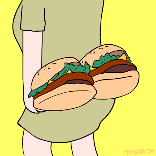 Illustrated gif. Cartoon woman twerking, but her buttcheeks are cheeseburgers, flapping to the rhythm.