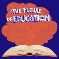 Digital art gif. Orange cloud hovers over an open book against a cobalt blue background. Text, “The future of education in Texas is on the ballot.”
