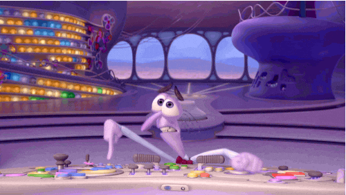 Fear from the movie "Inside Out" is panicking as he presses on multiple buttons in the control board.