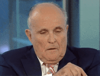 Political gif. Rudy Giuliani looks down and then his eyes open up really wide, lifting his eyebrows up as he says, “wow.”