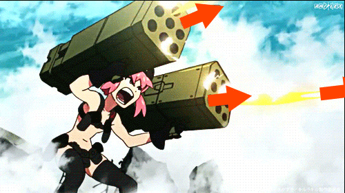 Anime gif. Character Nonon Jakuzure of Kill la Kill fires red arrow upvotes out of two massive rocket launchers. 