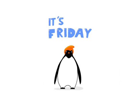 Cartoon gif. A cartoon penguin with a thick coif of blond hair hops into the air while little red hearts emanate from his head. Text, "It's Friday!"