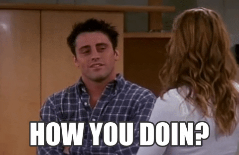Friends gif. Matt LeBlanc as Joey nods and smiles as he checks out a woman and says, "How you doin?" which appears as text.