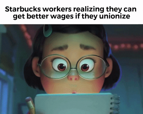 Movie gif. Meilin from turning red looks wide-eyed at a notebook before spinning around in her chair and standing up, still looking shocked. Text reads, "Starbucks workers realizing they can get better wages if they unionize."