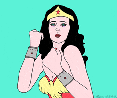 Digital art gif. A drawing of Wonder Woman who is poised and ready for a fight. She thrusts her hands up and sparks fly out of her wrist guards.