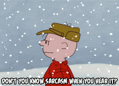Peanuts gif. An angry Charlie Brown, standing in the falling snow says, “Don't you know sarcasm when you hear it?”