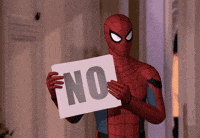Digital art gif. Spider-Man holds up a stack of cue cards and drops the top one from the stack. They all say "No."